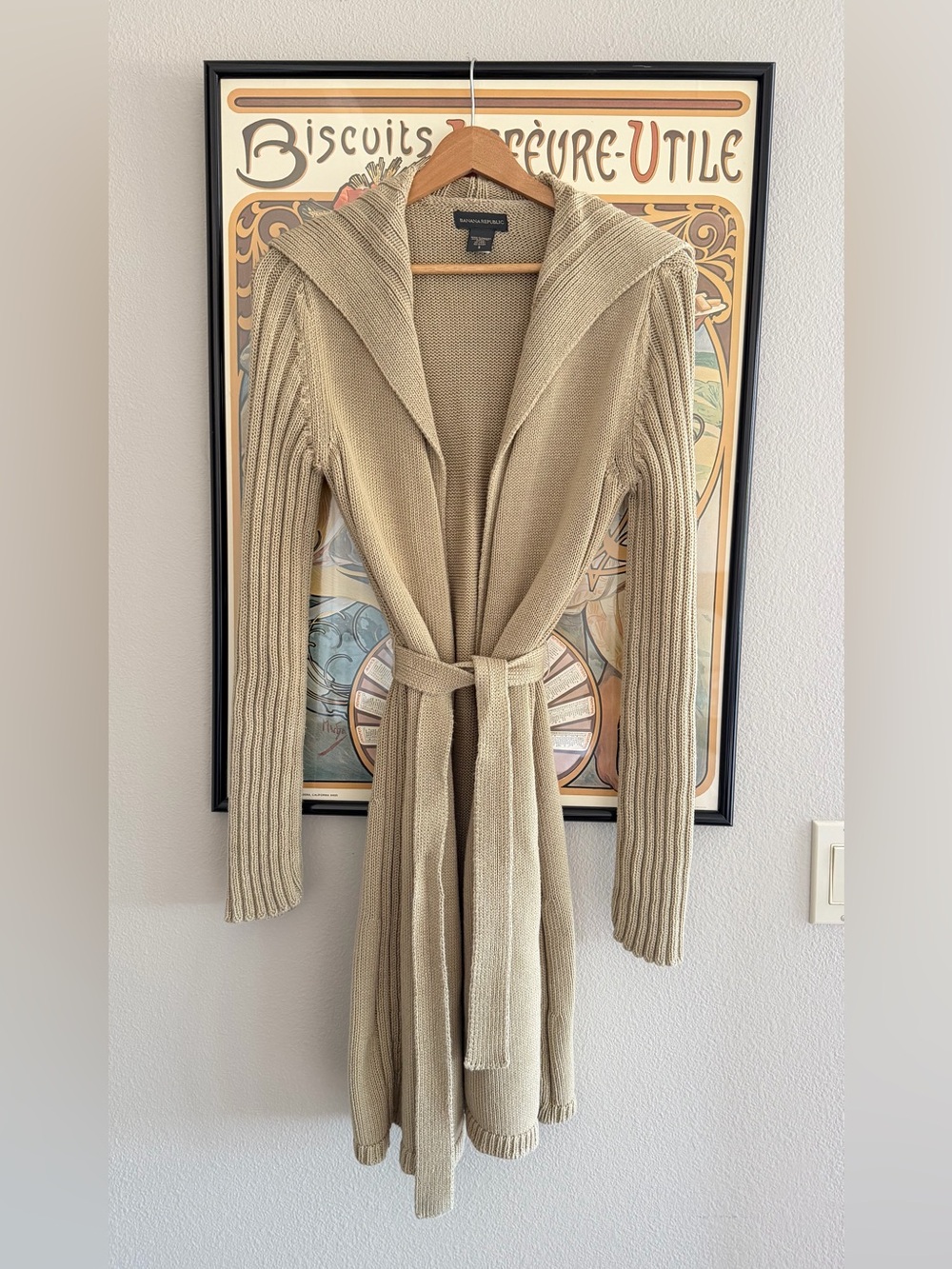 Vintage Banana Republic Khaki Wide Collar Rib-Knit Long Cotton Cardigan - S